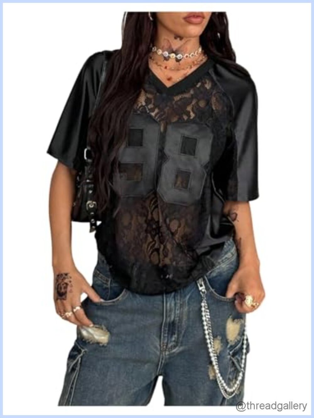 Womens Lace Mesh Sheer Oversized Y2K Graphic V Neck Tee Shirt